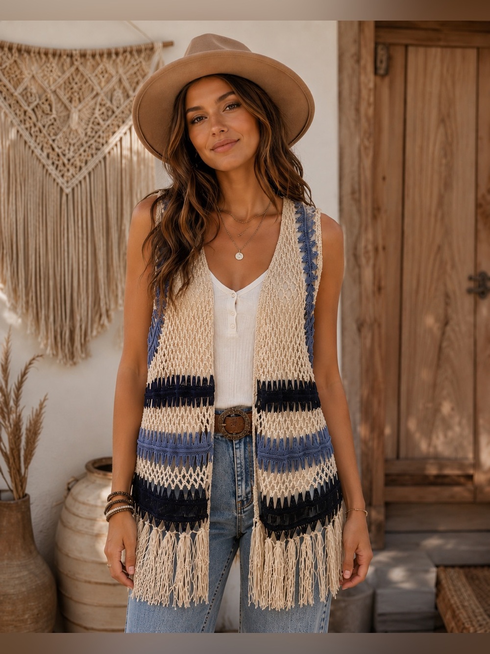 Frazzle Boho Fringe Knit Vest Cardigan, Cream & Navy